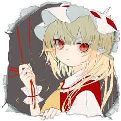 Rule 34 | 1girl, ascot, bad id, bad twitter id, blonde hair, commentary request, flandre scarlet, frilled shirt collar, frills, gotou (nekocat), grabbing, grey background, hat, looking at viewer, mob cap, pointy ears, puffy short sleeves, puffy sleeves, red eyes, short hair, short sleeves, simple background, solo, string, string of fate, touhou, unfinished, upper body, white background, wrist cuffs, yellow ascot