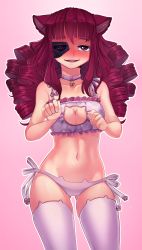 Rule 34 | 1girl, animal ear legwear, animal ears, artificial eye, bell, blush, bra, cat cutout, cat ear legwear, cat ear panties, cat ears, cat lingerie, cat tail, choker, cleavage cutout, clothing cutout, drill hair, gluteal fold, highres, iwbitu, jingle bell, looking at viewer, mechanical eye, meme attire, neck bell, panties, paw pose, red eyes, red hair, side-tie panties, simple background, solo, stella hoshii, tail, underwear, underwear only, va-11 hall-a, white bra