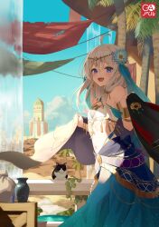 Rule 34 | 1girl, absurdres, ahoge, arabian clothes, azuuru, bare shoulders, blue eyes, blue flower, blue sky, cloud, cover, cover image, dancer, elaina (majo no tabitabi), flower, hair between eyes, hair flower, hair ornament, highres, holding, holding clothes, long hair, looking at viewer, majo no tabitabi, multicolored clothes, navel, novel illustration, official art, open mouth, outdoors, sidelocks, sky, smile, solo, standing, teeth, tower, upper teeth only, white hair