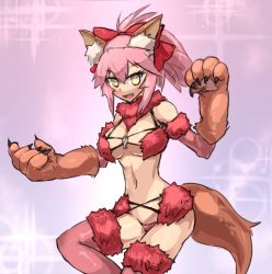 Rule 34 | 1girl, alternate color, animal ears, animal hands, blush, breasts, cleavage, cosplay, depo (typebaby505), elbow gloves, fate/grand order, fate (series), fox ears, fox tail, fur trim, gloves, hair ribbon, halloween costume, large breasts, long hair, looking at viewer, mash kyrielight, mash kyrielight (dangerous beast), mash kyrielight (dangerous beast) (cosplay), navel, official alternate costume, open mouth, pink hair, ribbon, solo, tail, tamamo (fate), tamamo cat (fate), tamamo no mae (fate/extra), thighhighs, yellow eyes