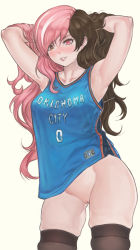 Rule 34 | 1girl, armpits, arms behind head, arms up, bottomless, breasts, brown eyes, brown hair, heterochromia, highres, jersey, kuon (kwonchanji), long hair, looking at viewer, medium breasts, neo politan, no panties, parted lips, pink eyes, pink hair, pussy, rwby, smile, solo, standing, tagme, uncensored