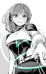 Rule 34 | 1girl, belt, commentary request, greyscale, heart, highres, hinoshita akame, jacket, light trail, link! like! love live!, long hair, long sleeves, looking at viewer, love live!, monochrome, multicolored clothes, multicolored jacket, navel, otomune kozue, parted lips, side ponytail, sidelocks, solo, upper body, white background