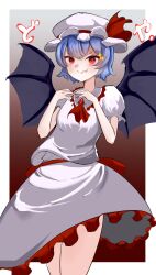 Rule 34 | 1girl, absurdres, ascot, bat wings, blue hair, collar, dress, frilled collar, frilled dress, frilled hat, frills, grin, hat, highres, red ascot, red eyes, remilia scarlet, shirt, smile, steepled fingers, touhou, white dress, white shirt, wings, yudofu33
