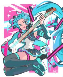 Rule 34 | 1girl, :d, belt, blue eyes, blue hair, boots, detached sleeves, electric guitar, fender stratocaster, guitar, hair ornament, hatsune miku, hayato noda, headphones, headphones around neck, highres, holding, holding instrument, instrument, jumping, long hair, long sleeves, nail polish, necktie, open mouth, pleated skirt, shirt, skirt, sleeveless, sleeveless shirt, smile, solo, thigh boots, thigh strap, twintails, v-shaped eyebrows, very long hair, vest, vocaloid