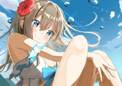 Rule 34 | arms between legs, bare legs, bare shoulders, blue bow, blue eyes, blush, bow, brown hair, closed mouth, cloud, day, dress, floating hair, flower, flower hair ornament, frilled dress, frills, from side, hair between eyes, highres, legs up, long hair, looking at viewer, matcha (user yyss8744), off-shoulder dress, off shoulder, original, outdoors, red flower, sitting, sky, smile, spread legs, sunlight, water drop, white dress