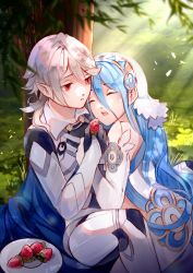 Rule 34 | 1boy, 1girl, absurdres, armor, azura (fire emblem), bare shoulders, black gloves, blue cape, blue hair, cape, closed eyes, commentary, commission, corrin (fire emblem), corrin (male) (fire emblem), creyton, detached sleeves, dress, english commentary, feeding, fire emblem, fire emblem fates, food, fruit, gloves, grass, hair between eyes, head on another&#039;s shoulder, highres, holding, holding food, holding fruit, long hair, nintendo, open mouth, outdoors, plate, pointy ears, red eyes, short hair, silver hair, sitting, strawberry, teeth, tree, upper teeth only, veil, very long hair, white dress