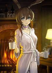 Rule 34 | 1girl, :d, amiya (arknights), animal ears, arknights, blue eyes, blush, breasts, brown hair, collar, cup, doctor (arknights), fireplace, glass, hair between eyes, highres, holding, holding cup, indoors, long hair, looking at viewer, medium breasts, mug, open mouth, picture frame, purple collar, rabbit ears, robe, sash, sentou kouhei kitsune, smile, solo, table, thigh strap, white robe, white sash