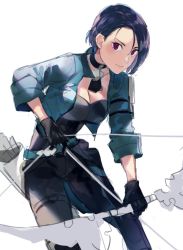 Rule 34 | 1girl, aisutabetao, arrow (projectile), asymmetrical hair, belt, black choker, black gloves, black neckwear, black pants, black shirt, blue hair, bow (weapon), breasts, choker, cleavage, closed mouth, cowboy shot, expressionless, fire emblem, fire emblem: three houses, gloves, green belt, green jacket, holding, holding bow (weapon), holding weapon, jacket, looking at viewer, medium breasts, nintendo, off-shoulder shirt, off shoulder, open clothes, open jacket, pants, quiver, red eyes, shamir nevrand, shirt, short hair, simple background, sketch, solo, unfinished, weapon, white background