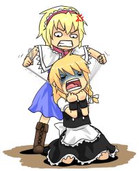Rule 34 | 2girls, alice margatroid, anger vein, angry, asphyxiation, bad deviantart id, bad id, blonde hair, boots, capelet, clenched teeth, cross-laced footwear, d:, d:&lt;, female focus, hairband, highres, k0n3k0, kirisame marisa, kneeling, multiple girls, open mouth, scowl, short hair, simple background, snarl, standing, strangling, teeth, touhou, v-shaped eyebrows, white background