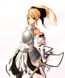 Rule 34 | 1girl, ahoge, armor, armored dress, artoria pendragon (fate), blonde hair, caliburn (fate), capcom, dress, fate/stay night, fate/unlimited codes, fate (series), green eyes, highres, konasu, ponytail, ribbon, saber (fate), saber lily, solo, sword, weapon