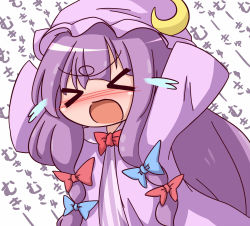 Rule 34 | &gt; &lt;, 1girl, blush, bow, braid, chibi, crescent, closed eyes, female focus, hair bow, hat, highres, kisa (k isa), long hair, mukyuu, open mouth, patchouli knowledge, purple hair, solo, touhou, twin braids