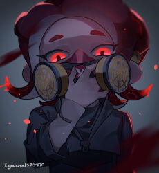 Rule 34 | 1girl, absurdres, artist name, black jacket, blurry, blurry foreground, commentary request, depth of field, eyelashes, glowing, glowing eyes, grey background, hand up, highres, iguana152588, jacket, long sleeves, looking at viewer, mask, medium hair, nintendo, octoling, octoling girl, octoling player character, paint splatter, parted bangs, red eyes, red hair, respirator, short eyebrows, sidelocks, simple background, solo, splatoon (series), splatoon 2, suction cups, tentacle hair, upper body