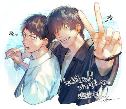 Rule 34 | 2boys, black necktie, black shirt, black wristband, collared shirt, cropped torso, ear piercing, eating, food, hair between eyes, holding, holding food, holding popsicle, making-of available, male focus, multiple boys, necktie, ocean, one eye closed, original, otani (gloria), piercing, popsicle, shirt, short hair, short sleeves, signature, single arm hug, sweatdrop, translation request, white background