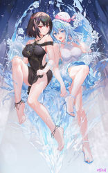Rule 34 | (atdan), 2girls, :d, anklet, atdan, bare legs, bare shoulders, barefoot, black dress, black flower, black hair, black rose, blue eyes, blue footwear, blue hair, breasts, butterfly hair ornament, closed mouth, commentary, dress, english commentary, feet, flower, full body, hair between eyes, hair ornament, haiyi, halter dress, halterneck, hand on own knee, hand up, high heels, highres, jellyfish, jewelry, large breasts, legs, lily (atdan), long hair, looking at viewer, multiple girls, open mouth, original, red eyes, revision, rose, sandals, short hair, signature, sleeveless, sleeveless dress, smile, synthesizer v, toe-point, toes, white dress