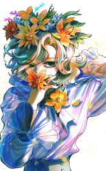Rule 34 | 1boy, bae (baebae), bags under eyes, blonde hair, covered mouth, covering own mouth, dungeon meshi, elf, eyes visible through hair, flower, hair flower, hair ornament, hair over one eye, hand in own hair, hand over own mouth, hands up, head wreath, highres, long sleeves, looking at viewer, male focus, mithrun, notched ear, petals, pointy ears, red flower, shirt, short hair, solo, uneven eyes, upper body, white background, white flower, white shirt, yellow flower