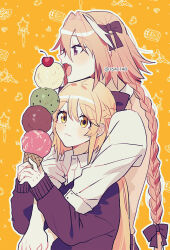Rule 34 | 1boy, 1girl, astolfo (fate), blonde hair, blush, bow, braid, closed mouth, facing to the side, fate/grand order, fate (series), food, hair bow, hetero, highres, holding, holding food, holding ice cream, ice cream, ice cream cone, koyashaka, liss meier (koyashaka), open mouth, original, pink hair, purple eyes, trap, twitter username, white hair, yellow background, yellow eyes