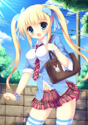 Rule 34 | 1girl, :d, bag, between breasts, blonde hair, blue eyes, blush, bow, breasts, cleavage, fang, hair bow, highres, long hair, navel, necktie, necktie between breasts, open mouth, original, plaid, plaid necktie, plaid neckwear, plaid skirt, power lines, school bag, school uniform, shiny skin, skindentation, skirt, smile, solo, striped clothes, striped thighhighs, taiki ken, thighhighs, twintails
