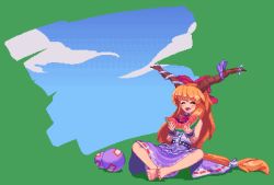Rule 34 | 1girl, :d, barefoot, blue sky, bow, closed eyes, cloud, fangs, food, fruit, green background, hair bow, holding, holding food, horn ornament, horn ribbon, horns, ibuki suika, indian style, long hair, low-tied long hair, open mouth, orange hair, pixel art, potemki11, purple skirt, red bow, ribbon, ribbon-trimmed skirt, ribbon trim, shirt, sitting, skin fangs, skirt, sky, smile, solo, touhou, very long hair, watermelon, watermelon slice, white shirt, wrist cuffs