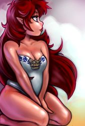 Rule 34 | 1girl, bare shoulders, barefoot, blue eyes, bottomless, bowser, breasts, cleavage, highres, kneeling, lips, long hair, malon, nintendo, pointy ears, red hair, solo, strapless, the legend of zelda, the legend of zelda: ocarina of time, voodoothur