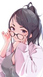 Rule 34 | 1girl, animification, black eyes, black hair, breasts, cleavage, glasses, grey tank top, hair behind ear, highres, kson, kson (person), large breasts, looking at viewer, purple sweater, real life, smile, solo, sweater, tank top, upper body, virtual youtuber, vshojo, white background, yuyaiyaui