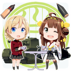 Rule 34 | 10s, 2girls, :d, ;d, ahoge, artillery, black eyes, blonde hair, blue eyes, braid, brown hair, caterpillar tracks, chibi, churchill (tank), crossover, cup, darjeeling (girls und panzer), detached sleeves, double bun, full body, girls und panzer, gotyou, hair bun, hairband, holding, kantai collection, kongou (kancolle), long hair, looking at viewer, lowres, machinery, military, military vehicle, motor vehicle, multiple girls, nontraditional miko, one eye closed, open mouth, pleated skirt, pointing, pointing at viewer, school uniform, single hair bun, skirt, smile, standing, star (symbol), table, tank, teacup, thighhighs, trait connection, turret, vehicle, zettai ryouiki