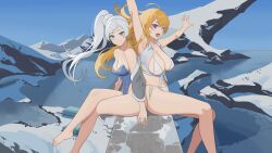 Rule 34 | 2girls, :d, arms up, bikini, blonde hair, blue eyes, blue one-piece swimsuit, breasts, earrings, floating hair, high side ponytail, highres, jewelry, large breasts, long hair, medium breasts, multiple girls, one-piece swimsuit, open mouth, purple eyes, rwby, scar, scar across eye, scar on face, sitting, smile, snow, swimsuit, thighs, very long hair, wangxiii, weiss schnee, white bikini, white hair, yang xiao long