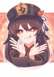 Rule 34 | 1girl, absurdres, auwi, black hat, brown hair, chinese clothes, flower, genshin impact, hat, hat flower, highres, hu tao (genshin impact), jewelry, long hair, long sleeves, looking at viewer, multiple rings, orange eyes, plum blossoms, ring, solo, tongue, tongue out, twintails