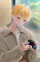 Rule 34 | 1boy, absurdres, bishounen, blonde hair, camera, character request, collared jacket, highres, holding, holding camera, jacket, looking at viewer, male focus, short hair, smile, solo, yellow eyes, yonmaru6