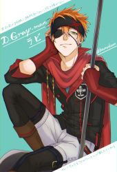 Rule 34 | 1boy, black footwear, black headband, black jacket, blue background, boots, character name, closed mouth, copyright name, d.gray-man, eyepatch, green eyes, half-closed eye, headband, highres, holding, jacket, kazemachidori, lavi, looking at viewer, male focus, orange hair, pants, red scarf, scarf, smile, solo, spiked hair, thigh boots, thighhighs, twitter username, two-tone background, white background, white pants