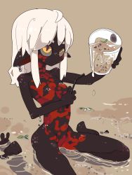 Rule 34 | 1girl, black skin, breasts, colored skin, cup, egg, female focus, frog girl, highres, monster girl, multicolored skin, nude, original, pointy ears, red skin, sitting, slit pupils, small breasts, solo, tomatojam, wariza, water, wet, white hair, yellow eyes