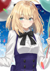 Rule 34 | 1girl, ahoge, artoria pendragon (all), artoria pendragon (fate), balloon, blonde hair, blurry, blurry background, bow, bowtie, cloud, confetti, fate/grand order, fate/stay night, fate (series), green eyes, hair between eyes, hair bow, hair ornament, highres, holding, holding balloon, kazama (akki12), long sleeves, medium hair, saber (fate), saber lily, saber lily (festival outfit) (fate), shirt, sky, smile, solo, upper body, white shirt