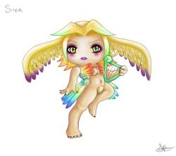Rule 34 | 1990s (style), capsicum, chibi, psychic, eyeliner, feathers, final fantasy, final fantasy viii, harp, head wings, instrument, lipstick, makeup, monster, multicolored hair, nail polish, purple lips, retro artstyle, siren (final fantasy), wings, yellow eyes