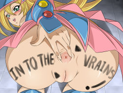 Rule 34 | 1girl, anus, ass, bare legs, bare shoulders, blonde hair, boots, breasts, cleft of venus, curvy, dark magician girl, female focus, green eyes, hat, highres, kneeling, large breasts, lento (glamour works), long hair, magical girl, no panties, open mouth, presenting, pussy, shiny skin, skirt, smile, spread anus, uncensored, wizard hat, yu-gi-oh!, yu-gi-oh! duel monsters, yu-gi-oh! gx