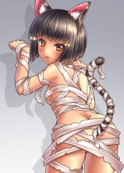 Rule 34 | 1girl, alternate costume, animal ears, ass, assal (sennen sensou aigis), bandages, black hair, breasts, brown eyes, cat ears, cat tail, grey background, hair ornament, hairclip, highres, leaning forward, looking at viewer, looking back, medium breasts, parted lips, paw pose, sennen sensou aigis, shadow, short hair, solo, standing, tail, yukishiba yanagi