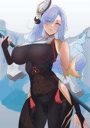 Rule 34 | 1girl, absurdres, bad id, bad twitter id, black bodysuit, blue background, blue eyes, blue hair, bodysuit, braid, breast curtain, breasts, brown bodysuit, chinese knot, clothing cutout, covered navel, eyes visible through hair, genshin impact, gloves, gold trim, grey background, hair ornament, hair over one eye, highres, hip vent, holding, holding weapon, kasumi saika, long hair, long sleeves, low-braided long hair, low-tied long hair, partially fingerless gloves, puffy long sleeves, puffy sleeves, shenhe (genshin impact), shoulder cutout, side cutout, solo, stomach cutout, thigh cutout, weapon, white background