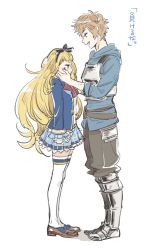 Rule 34 | 10s, 1boy, 1girl, blonde hair, blue skirt, brown hair, cagliostro (granblue fantasy), cagliostro (youthful uniform) (granblue fantasy), commentary request, fighter (granblue fantasy), gran (granblue fantasy), granblue fantasy, hair ribbon, hairband, height difference, long hair, long sleeves, looking at another, looking down, miniskirt, plaid, plaid skirt, ribbon, school uniform, short hair, skirt, standing, takagi takumi, tears, thighhighs, translation request, white thighhighs, zettai ryouiki