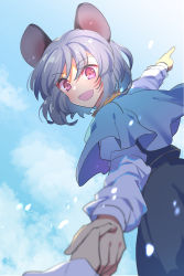 Rule 34 | animal ears, arm up, blue sky, capelet, cloud, cloudy sky, dress, eyes visible through hair, grey dress, grey hair, hair between eyes, hand up, highres, holding hands, long sleeves, looking down, mouse ears, nayozane (worker7), nazrin, open mouth, petals, pink eyes, pointing, shadow, shirt, short hair, sky, smile, solo, sunlight, touhou, white shirt, white sleeves