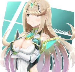 Rule 34 | 1girl, absurdres, arms under breasts, bare shoulders, blonde hair, blush, breasts, chest jewel, cleavage, crossed arms, dress, earrings, gem, gloves, headpiece, highres, jewelry, kanuici336, large breasts, long hair, mythra (xenoblade), solo, swept bangs, tiara, tsundere, very long hair, white dress, white gloves, xenoblade chronicles (series), xenoblade chronicles 2, yellow eyes