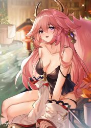 Rule 34 | 1girl, :d, animal ears, bare shoulders, black camisole, blush, breasts, camisole, cleavage, collarbone, earrings, floppy ears, fox ears, genshin impact, guzangnanfeng, hair between eyes, hair ornament, highres, jewelry, large breasts, long hair, looking at viewer, medium breasts, onsen, open mouth, parted lips, pink hair, purple eyes, sitting, smile, solo, strap slip, thighs, water, yae miko
