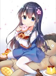 Rule 34 | 1girl, black hair, blue dress, blue eyes, blush, brown footwear, closed mouth, commentary request, cupcake, doughnut, dress, eating, flower, food, food on face, hair between eyes, hair flower, hair ornament, higero (wataten), highres, holding, holding food, loafers, long hair, long sleeves, hugging object, pantyhose, pink flower, pudding, sailor collar, sailor dress, shirosaki hana, shirt, shoes, sitting, sleeveless, sleeveless dress, solo, sparkle, stuffed toy, usagihime, very long hair, watashi ni tenshi ga maiorita!, wavy mouth, white background, white pantyhose, white sailor collar, white shirt