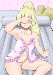 Rule 34 | 1girl, absurdres, air mattress, alternate hairstyle, arm support, armpits, babydoll, bare arms, bare legs, bare shoulders, bath stool, blush, bow, braid, breasts, closed mouth, collarbone, covering own eyes, cowboy shot, creatures (company), crown braid, game freak, hand up, highres, kurosu gatari, lillie (pokemon), lingerie, long hair, navel, nintendo, open hands, palms, panties, pink babydoll, pink panties, pokemon, pokemon sm, ponytail, ribbon, shiny skin, sideboob, sitting, small breasts, smile, soapland, solo, spaghetti strap, spread legs, stomach, stool, tile wall, tiles, underwear