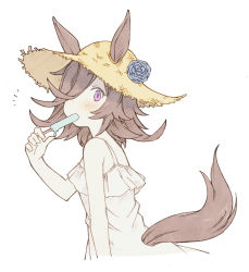 Rule 34 | 1girl, absurdres, alternate costume, animal ears, bad id, bad twitter id, blue flower, blue rose, blush, brown hair, commentary request, cropped torso, dress, ears through headwear, enoki, flower, food, from side, hair over one eye, hat, hat flower, highres, horse ears, horse girl, horse tail, long hair, looking at viewer, popsicle, purple eyes, rice shower (umamusume), rose, simple background, solo, straw hat, sundress, tail, umamusume, upper body, white background, white dress