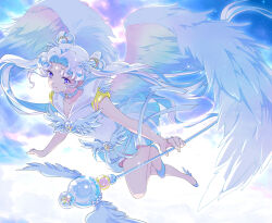 Rule 34 | bare legs, bishoujo senshi sailor moon, bishoujo senshi sailor moon stars, choker, closed mouth, double bun, dress, facial mark, feathered wings, flying, forehead mark, full body, hair bun, hair ornament, jewelry, long hair, parted bangs, purple eyes, ring, sailor collar, sailor cosmos, saki (hxaxcxk), short dress, short sleeves, staff, twintails, very long hair, white choker, white dress, white hair, white sailor collar, white wings, wings