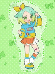 Rule 34 | 1girl, :d, arm up, bandaid, bandaid on leg, blue hoodie, blush, bow, chii (chi pppuri), commentary request, full body, gradient hair, green background, green bow, green eyes, green hair, hair bow, hand up, highres, hood, hood down, hoodie, idol time pripara, leg warmers, long sleeves, looking at viewer, multicolored hair, nijiiro nino, open mouth, orange skirt, pretty series, pripara, shoes, short hair, skirt, smile, solo, standing, star (symbol), starry background, swept bangs, yellow bow, yellow footwear