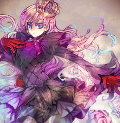 Rule 34 | 1girl, blue eyes, bow, crown, dress, flower, gloves, gradient hair, long hair, multicolored hair, pink rose, red rose, rose, rose witch, shiei no sona-nyl, solo, steampunk (liarsoft), tenkuu sphere