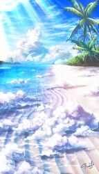 absurdres blue_background blue_sky cloud cloudy_sky highres landscape no_humans ocean original palm_tree sand scenery sky smile_(qd4nsvik) sunlight tree