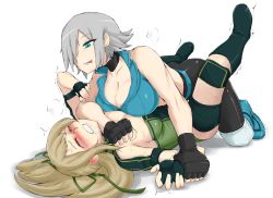 Rule 34 | 2girls, :p, all fours, asphyxiation, bare shoulders, black footwear, black gloves, blonde hair, blue eyes, blue footwear, blue lips, blush, boots, breast press, breasts, catfight, choker, cleavage, clenched teeth, collarbone, drooling, closed eyes, female focus, fingerless gloves, freezer katakura, girl on top, gloves, green ribbon, grey hair, hair ribbon, holding another&#039;s wrist, ishikari mina, large breasts, legs up, licking lips, lipstick, long hair, looking at another, looking down, lying, makeup, multiple girls, natsumi saotome, naughty face, nexas, on back, ponytail, restrained, ribbon, ring dream, saliva, short hair, simple background, sleeveless, smile, strangling, sweat, symmetrical docking, teeth, toned, tongue, tongue out, white background, wrestling, yuri