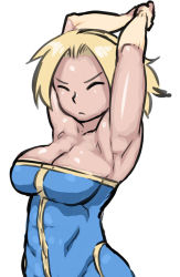 Rule 34 | 1girl, armpits, blonde hair, breasts, cleavage, final fantasy, final fantasy tactics, large breasts, leotard, monk (fft), muscular, no bra, short hair, simple background, solo, stretching, tsukudani (coke-buta), white background