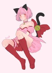 Rule 34 | 1girl, acerola (a-chan), animal ears, bare shoulders, bell, between legs, boots, bow, breasts, bright pupils, cat ears, cat tail, choker, cleavage, closed mouth, detached sleeves, dress, frilled choker, frills, frown, full body, gloves, hand between legs, highres, knee boots, magical girl, mew ichigo, momomiya ichigo, pink choker, pink dress, pink hair, puffy detached sleeves, puffy sleeves, red eyes, red footwear, red gloves, short hair, signature, small breasts, tail, tail bell, tail bow, tail ornament, tokyo mew mew, white pupils