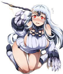 Rule 34 | 10s, 1boy, 1girl, absurdly long hair, abyssal ship, alternate skin color, bare shoulders, blush, boots, breasts, claws, detached sleeves, dress, epic hair, figure, gon-san, gon freecss, highres, horns, huge breasts, hunter x hunter, kantai collection, long hair, magukappu, red eyes, ribbed dress, seaport princess, short dress, sideboob, single horn, solo, sweater, sweater dress, thigh gap, very long hair, white hair